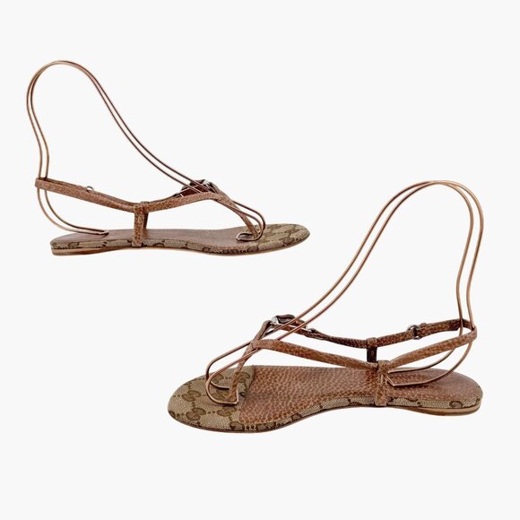 Gucci Bamboo GG Flat Thong Sandals Size 36 US 6 Beige Monogram Canvas Flop Flop - Picture 9 of 13